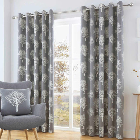 Woodland Trees Ready Made Eyelet Curtains - Charcoal
