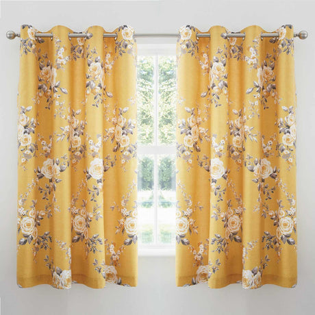 Catherine Lansfield Canterbury Floral Ready Made Eyelet Curtains - Ochre
