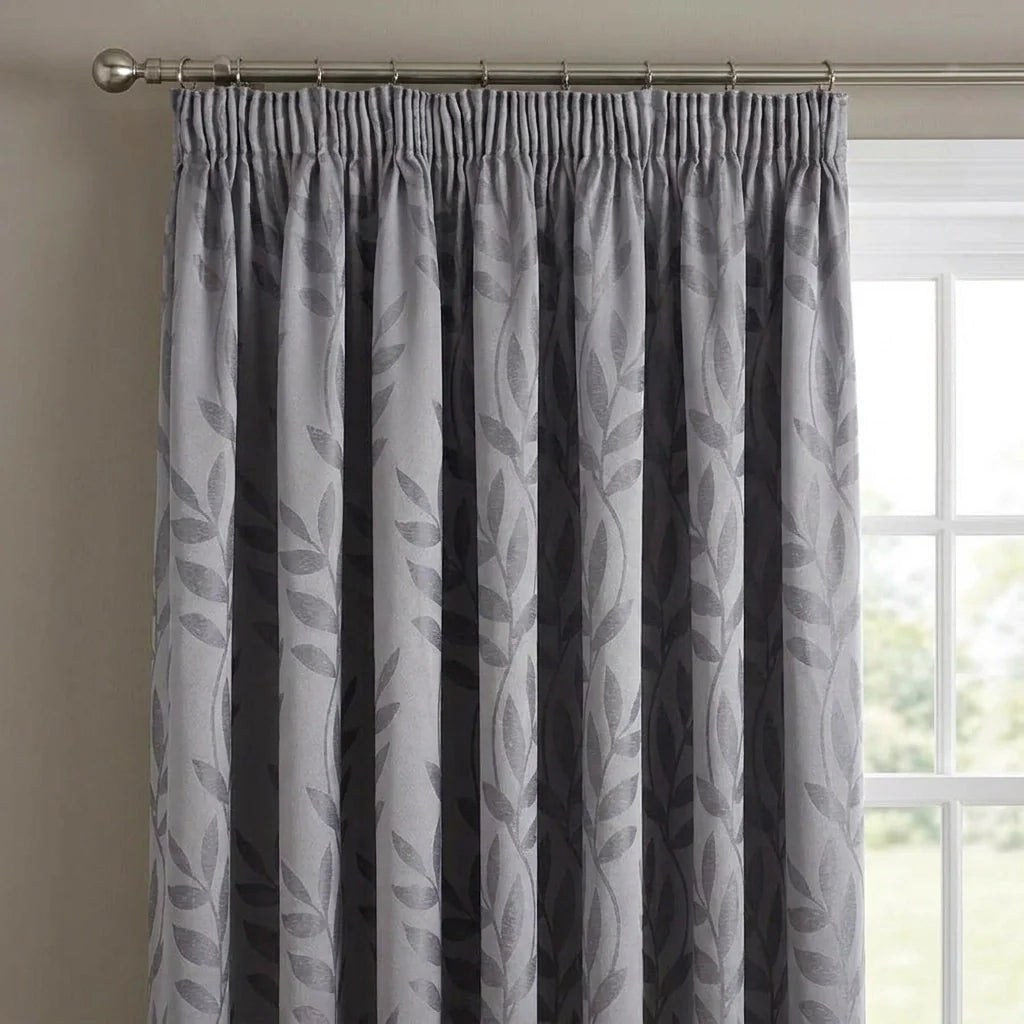 Tivoli Leaf Jacquard Lined Tape Top Pencil Pleat Curtains - Silver image 2
