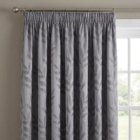 Tivoli Leaf Jacquard Lined Tape Top Pencil Pleat Curtains - Silver image 2