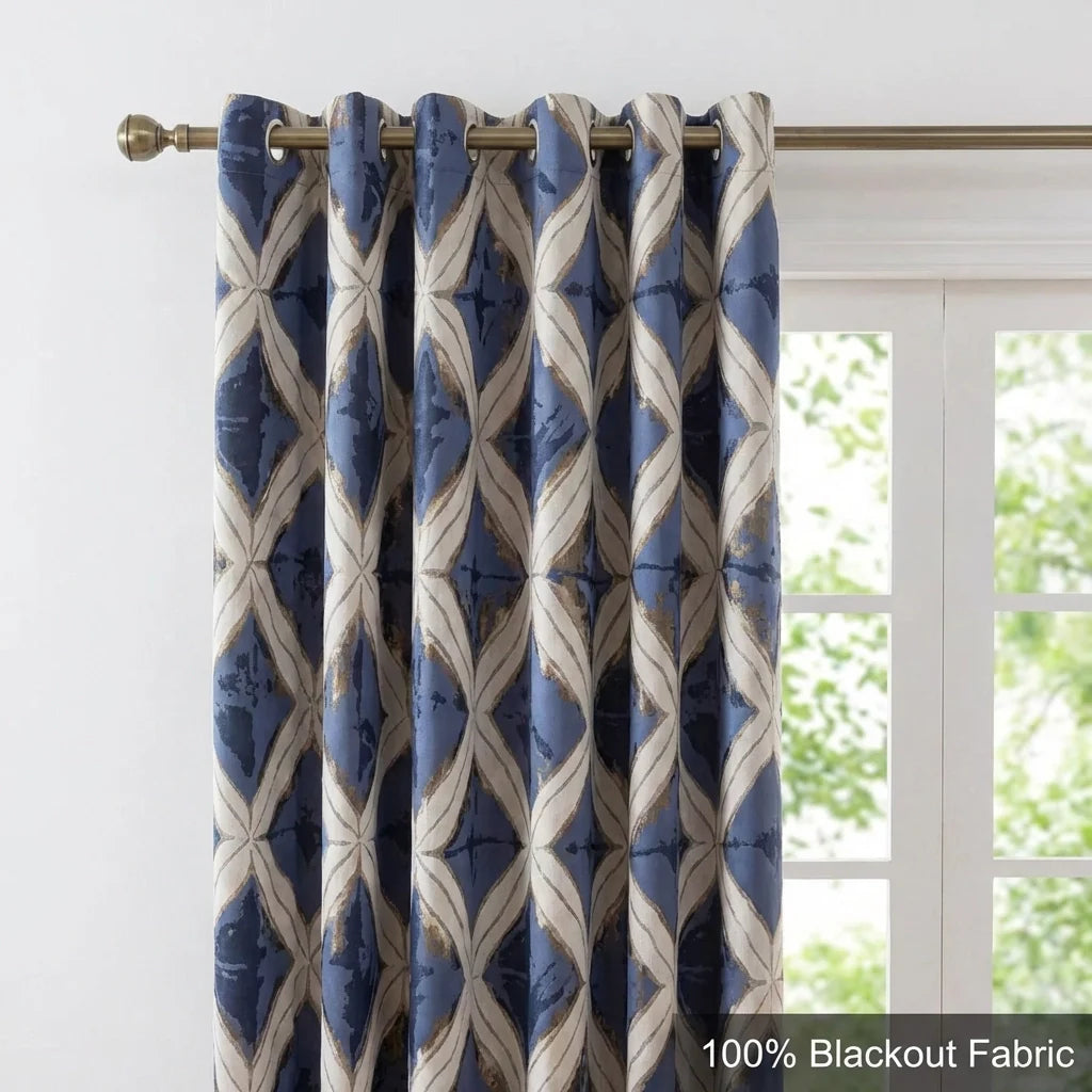 Matrix Eyelet Ring Top Curtains Pair - Blue / Gold image 2