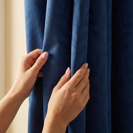 Tivoli Leaf Jacquard Lined Eyelet Curtains - Navy image 3