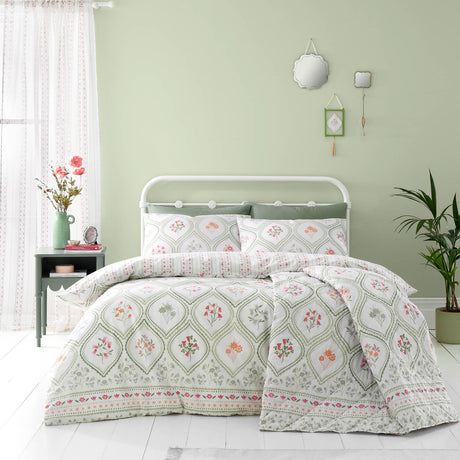 Catherine Lansfield Cameo Floral Soft Green Reversible Duvet Cover Set - Grey