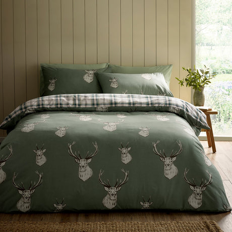 Catherine Lansfield Stag Duvet Cover Set - Soft Green - Stag Check Soft Green Duvet Set