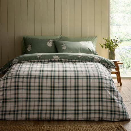 Catherine Lansfield Stag Duvet Cover Set - Soft Green - Stag Check Soft Green Duvet Set