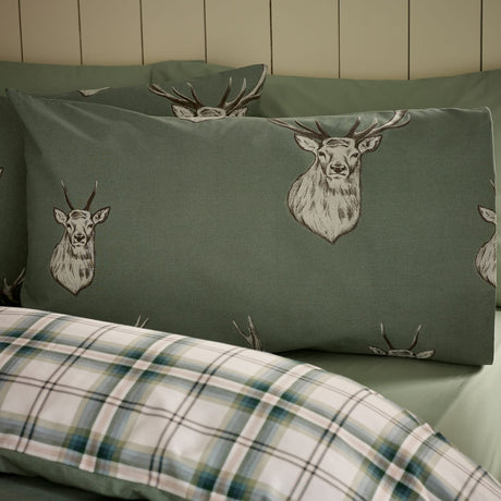 Catherine Lansfield Stag Duvet Cover Set - Soft Green - Stag Check Soft Green Duvet Set