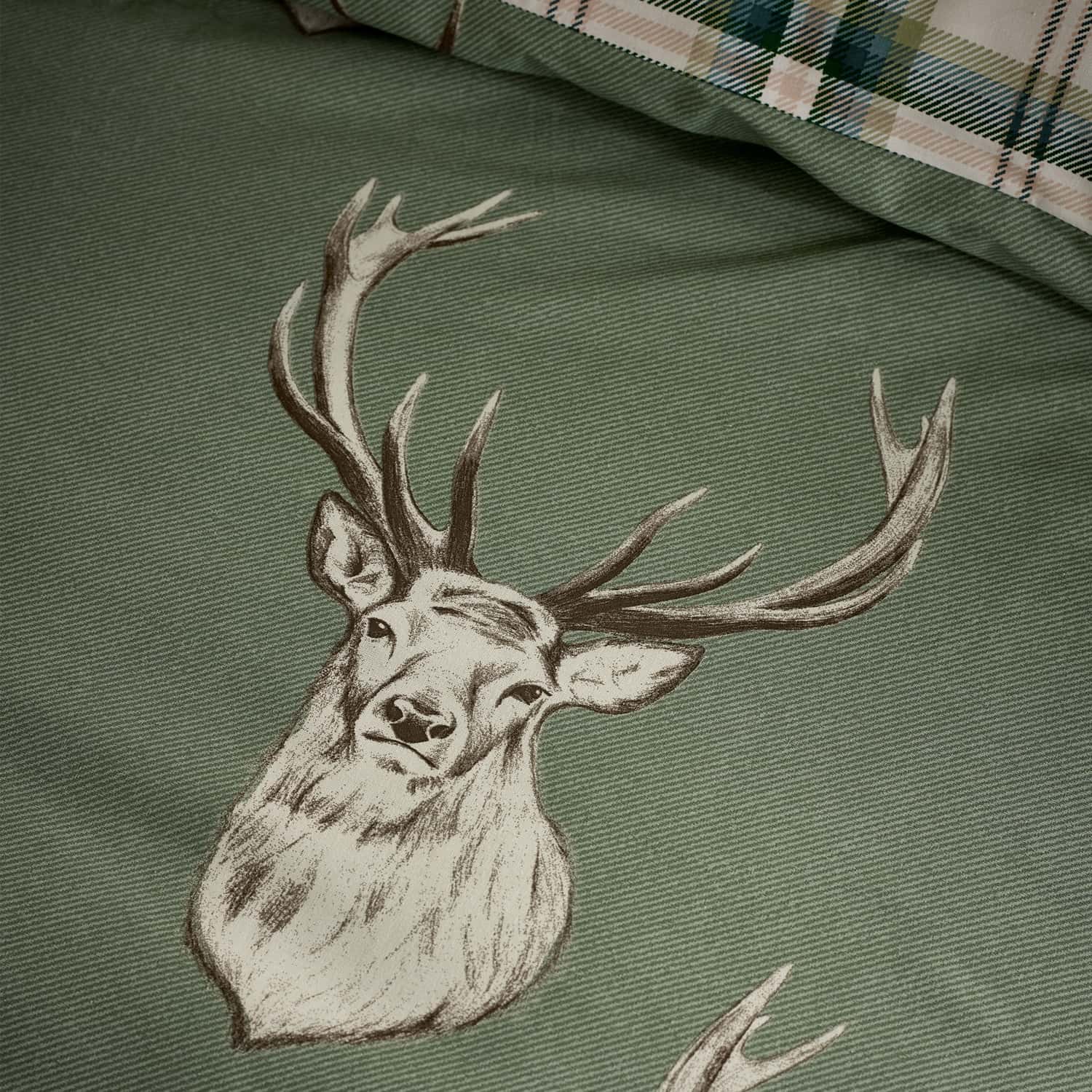 Catherine Lansfield Stag Duvet Cover Set - Soft Green - Stag Check Soft Green Duvet Set