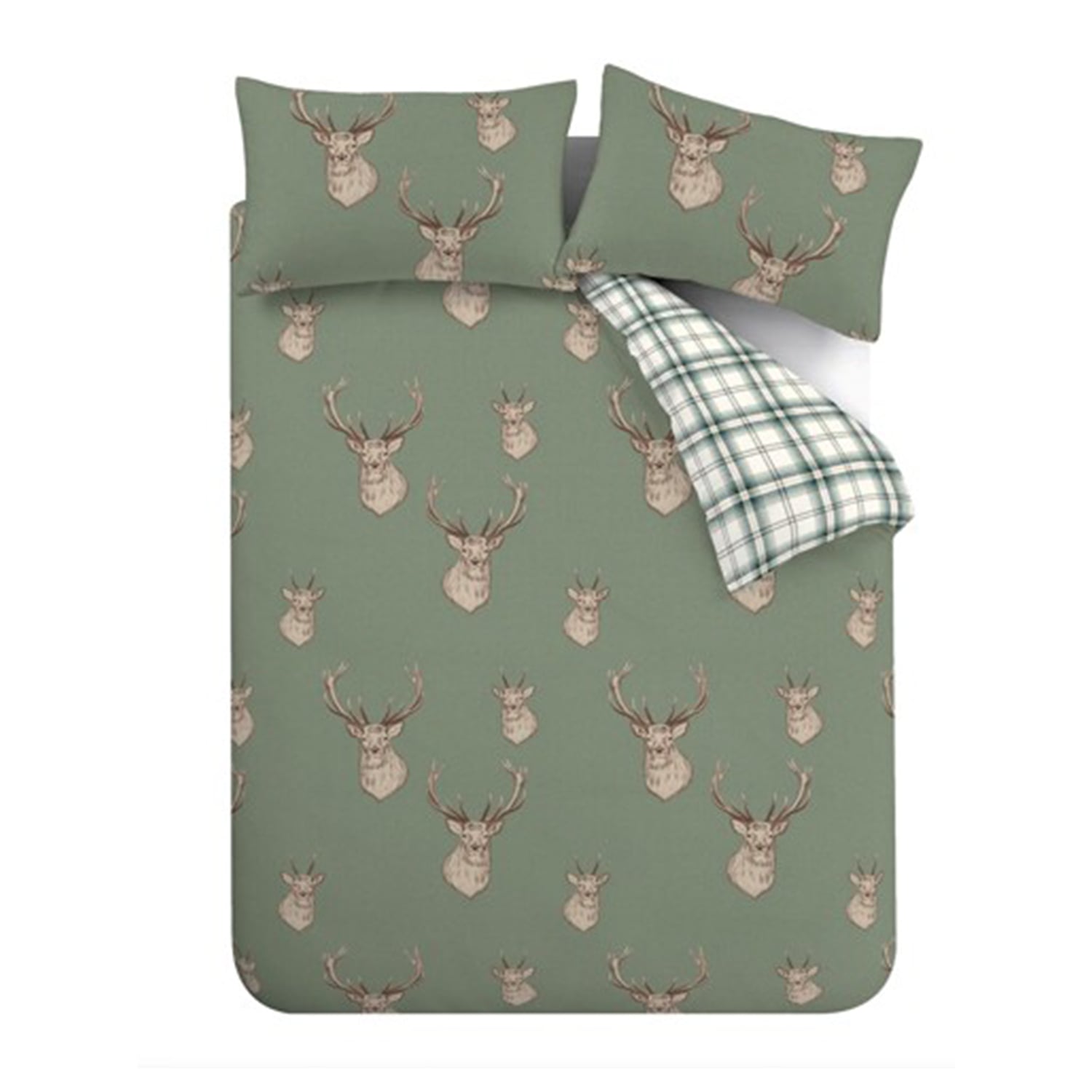 Catherine Lansfield Stag Duvet Cover Set - Soft Green - Stag Check Soft Green Duvet Set