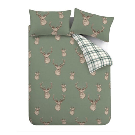 Catherine Lansfield Stag Duvet Cover Set - Soft Green - Stag Check Soft Green Duvet Set
