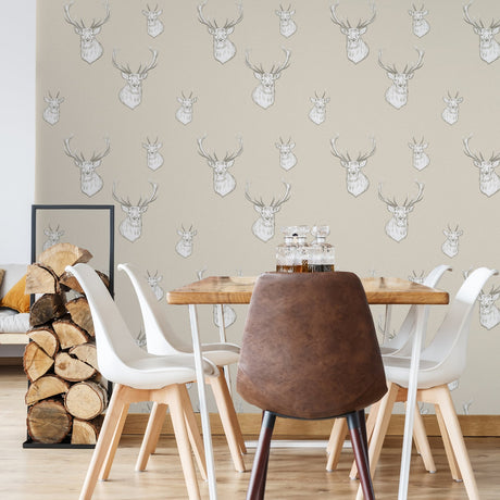 Catherine Lansfield Stag Cream Patterned Wallpaper - Stag Cream Wallpaper