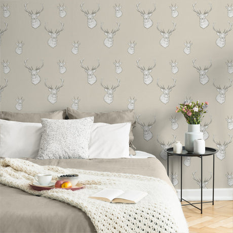 Catherine Lansfield Stag Cream Patterned Wallpaper - Stag Cream Wallpaper