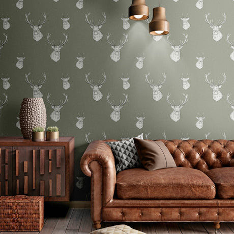Catherine Lansfield Stag Cream Patterned Wallpaper - Stag Sage Green