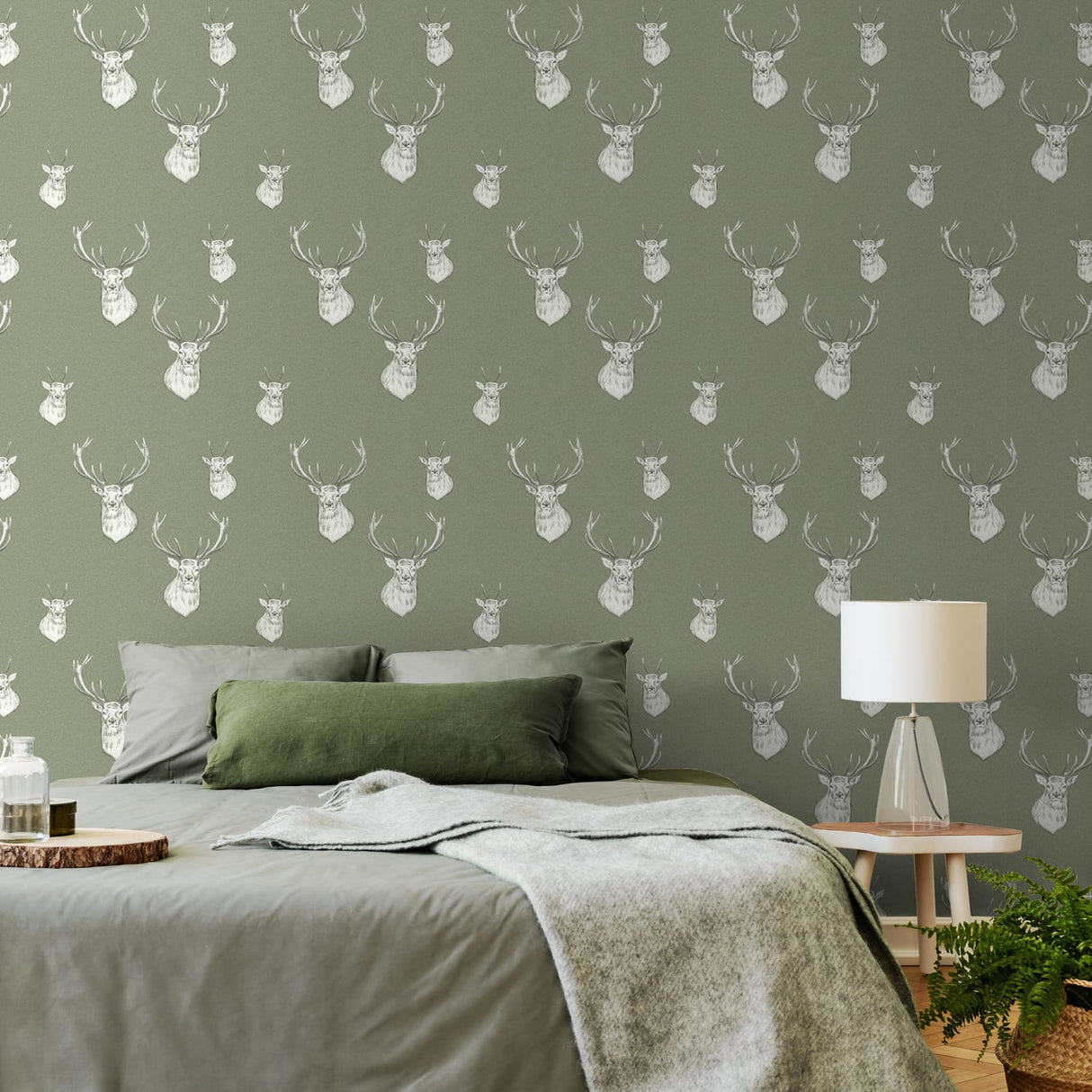 Catherine Lansfield Stag Cream Patterned Wallpaper - Stag Sage Green