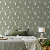 Catherine Lansfield Stag Cream Patterned Wallpaper - Stag Sage Green