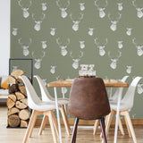Catherine Lansfield Stag Cream Patterned Wallpaper - Stag Sage Green