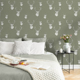 Catherine Lansfield Stag Cream Patterned Wallpaper - Stag Sage Green