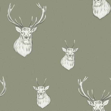 Catherine Lansfield Stag Cream Patterned Wallpaper - Stag Sage Green