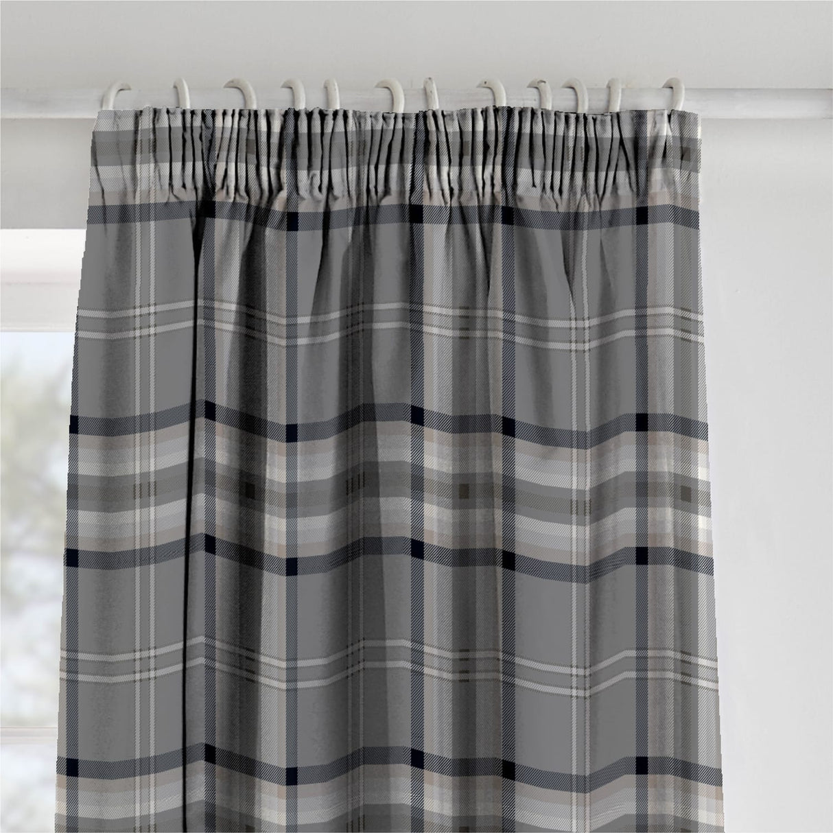 Catherine Lansfield Kelso Check Pencil Pleat Tape Top Curtains - Charcoal Polycotton