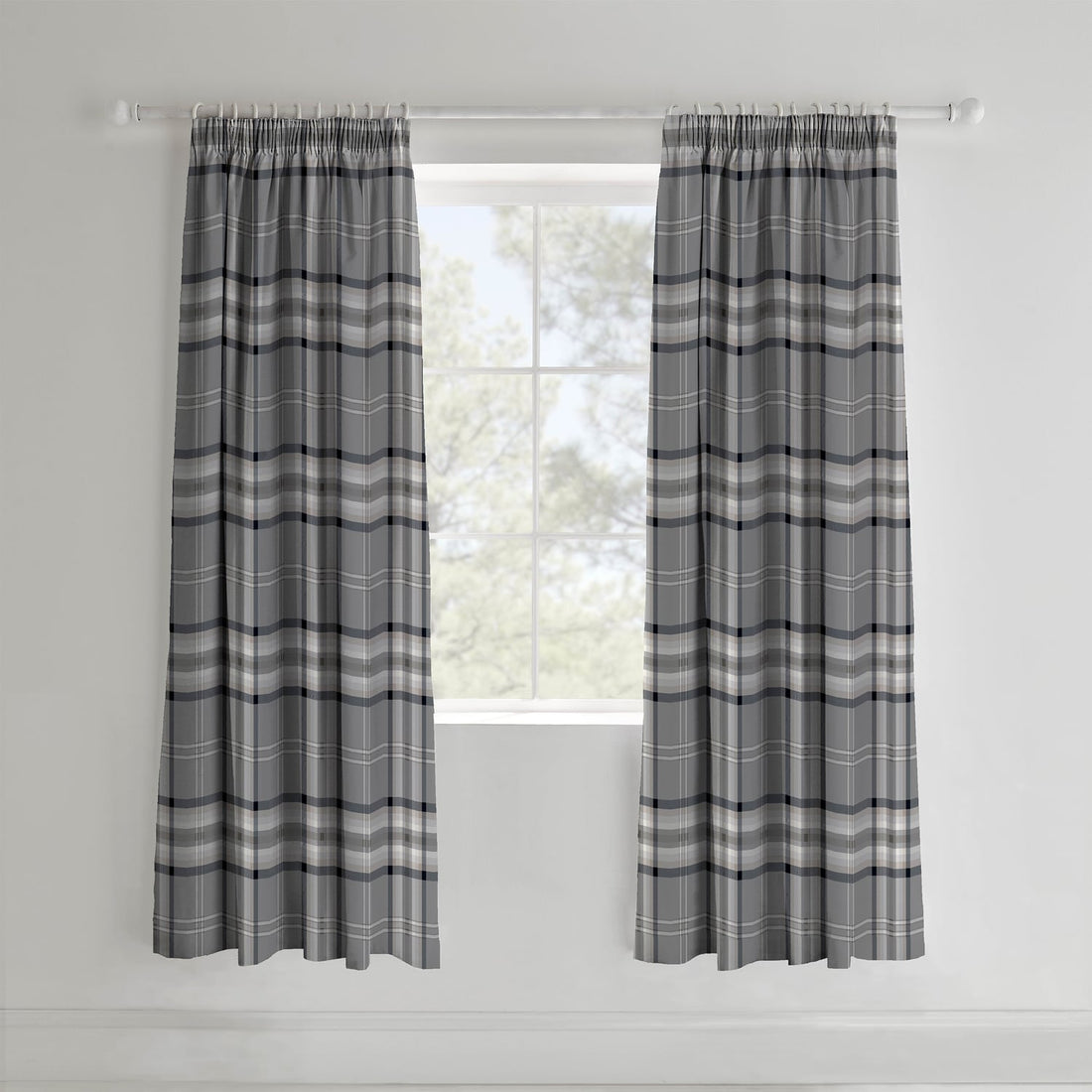 Catherine Lansfield Kelso Check Charcoal Pencil Pleat Tape Top Curtains