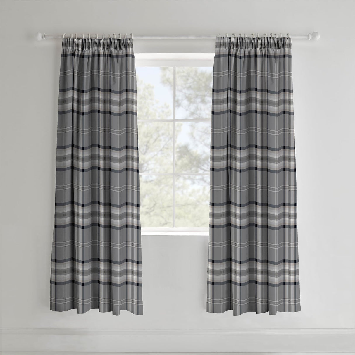 Catherine Lansfield Kelso Check Pencil Pleat Tape Top Curtains - Charcoal Polycotton - Kelso Charcoal Curtains