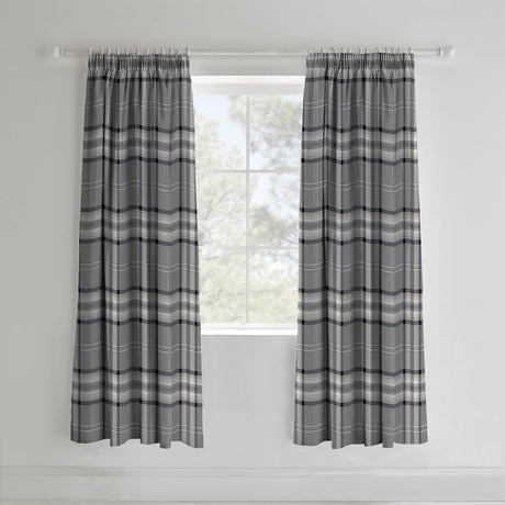 Catherine Lansfield Kelso Check Pencil Pleat Tape Top Curtains - Charcoal Polycotton - Kelso Charcoal Curtains