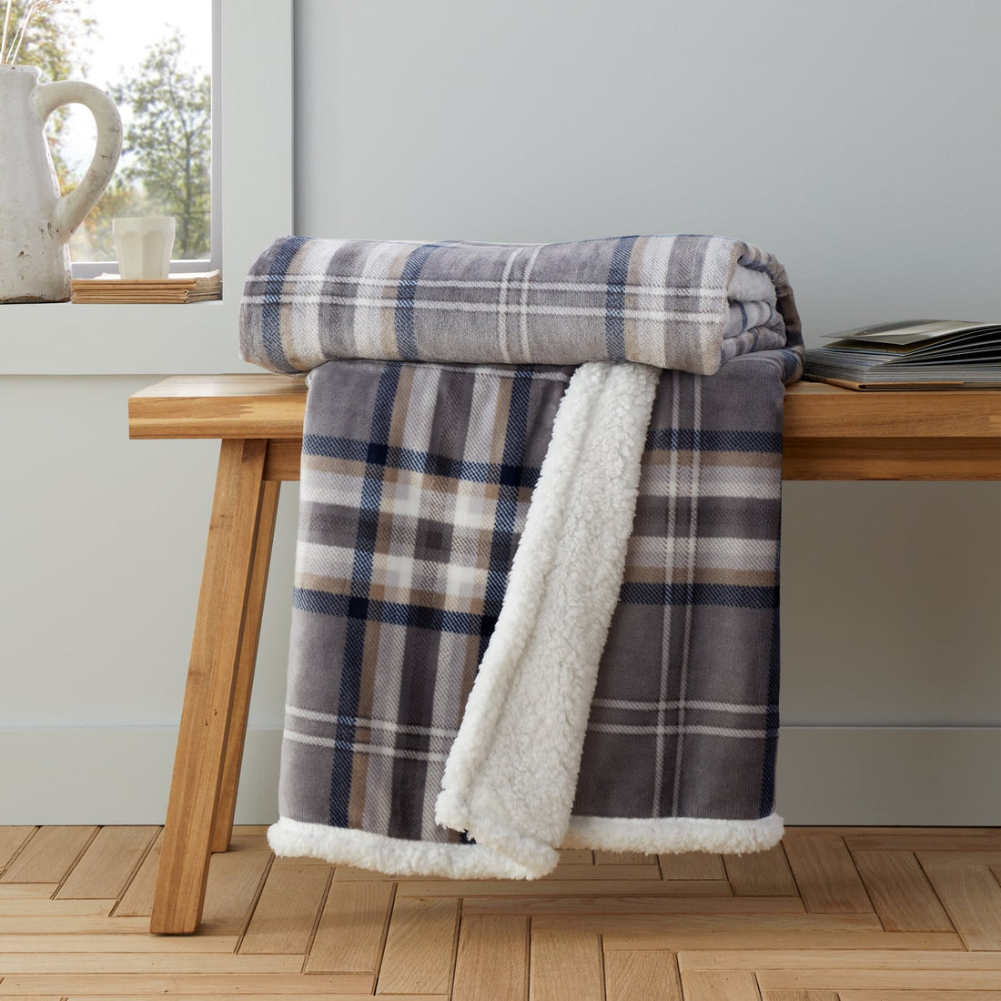 Catherine Lansfield Kelso Check Reversible Charcoal Sherpa Thermal Throw Blanket 130cm x 170cm
