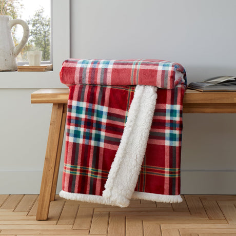 Catherine Lansfield Kelso Check Sherpa Reversible Throw – Red – 130cm x 170cm