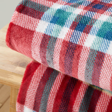 Catherine Lansfield Kelso Check Sherpa Reversible Throw – Red – 130cm x 170cm - Kelso Check Throw Red