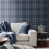 Catherine Lansfield Kelso Check Cream Tartan Wallpaper - Kelso Navy Wallpaper