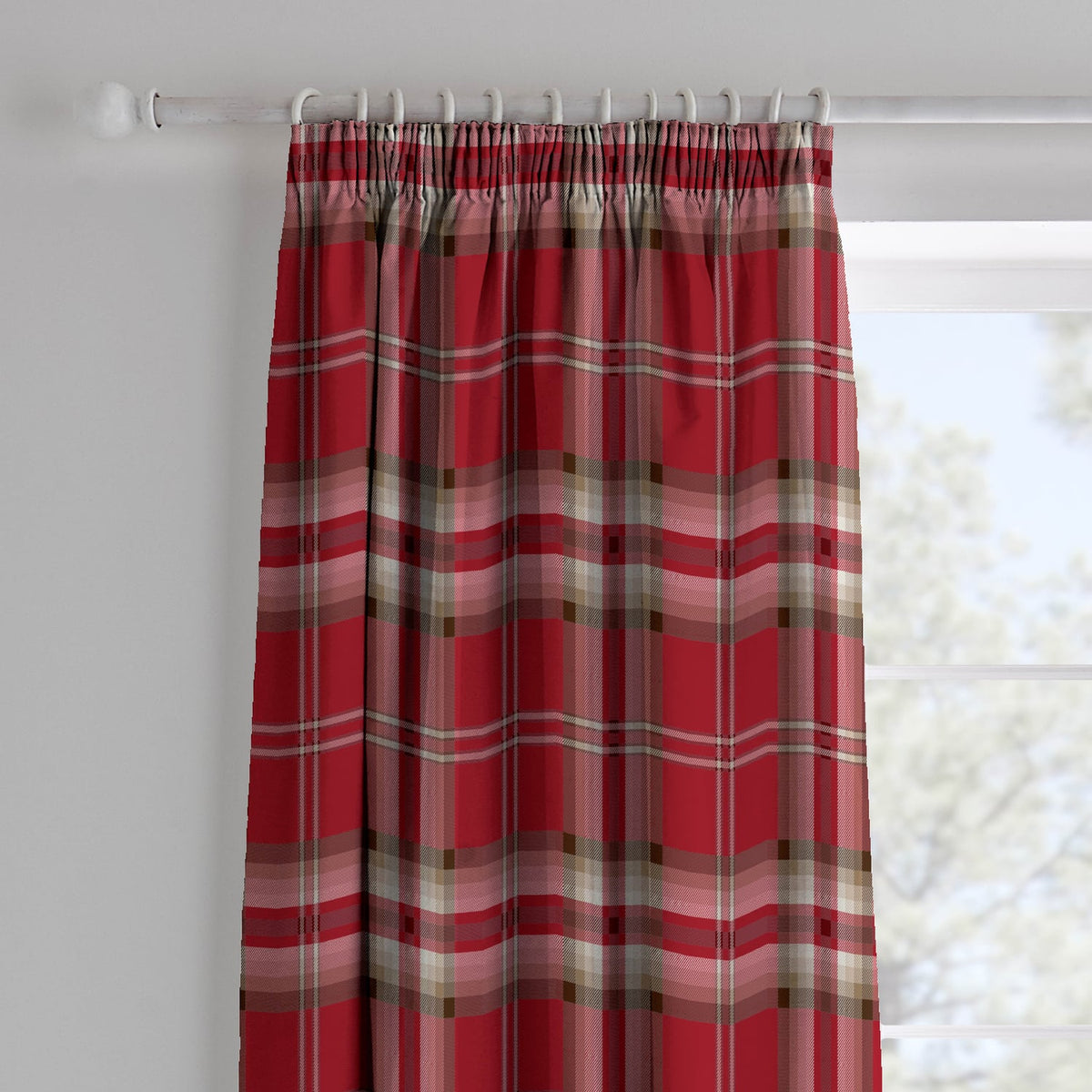 Catherine Lansfield Kelso Check Pencil Pleat Tape Top Curtains - Red Polycotton