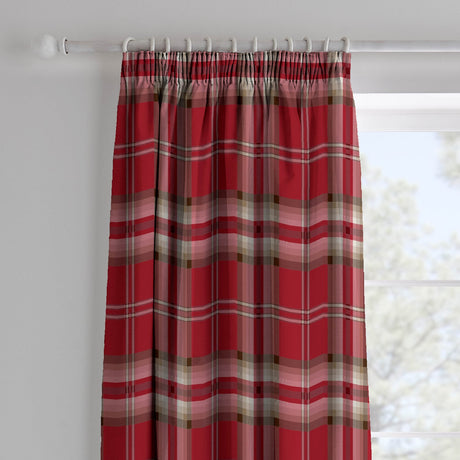 Catherine Lansfield Kelso Check Pencil Pleat Tape Top Curtains - Red Polycotton