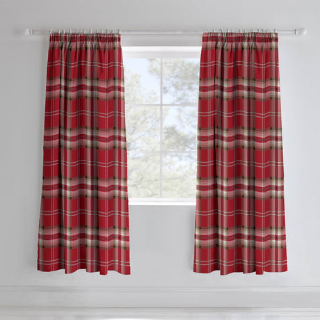Catherine Lansfield Kelso Check Pencil Pleat Tape Top Curtains - Red Polycotton - Kelso Red Curtains
