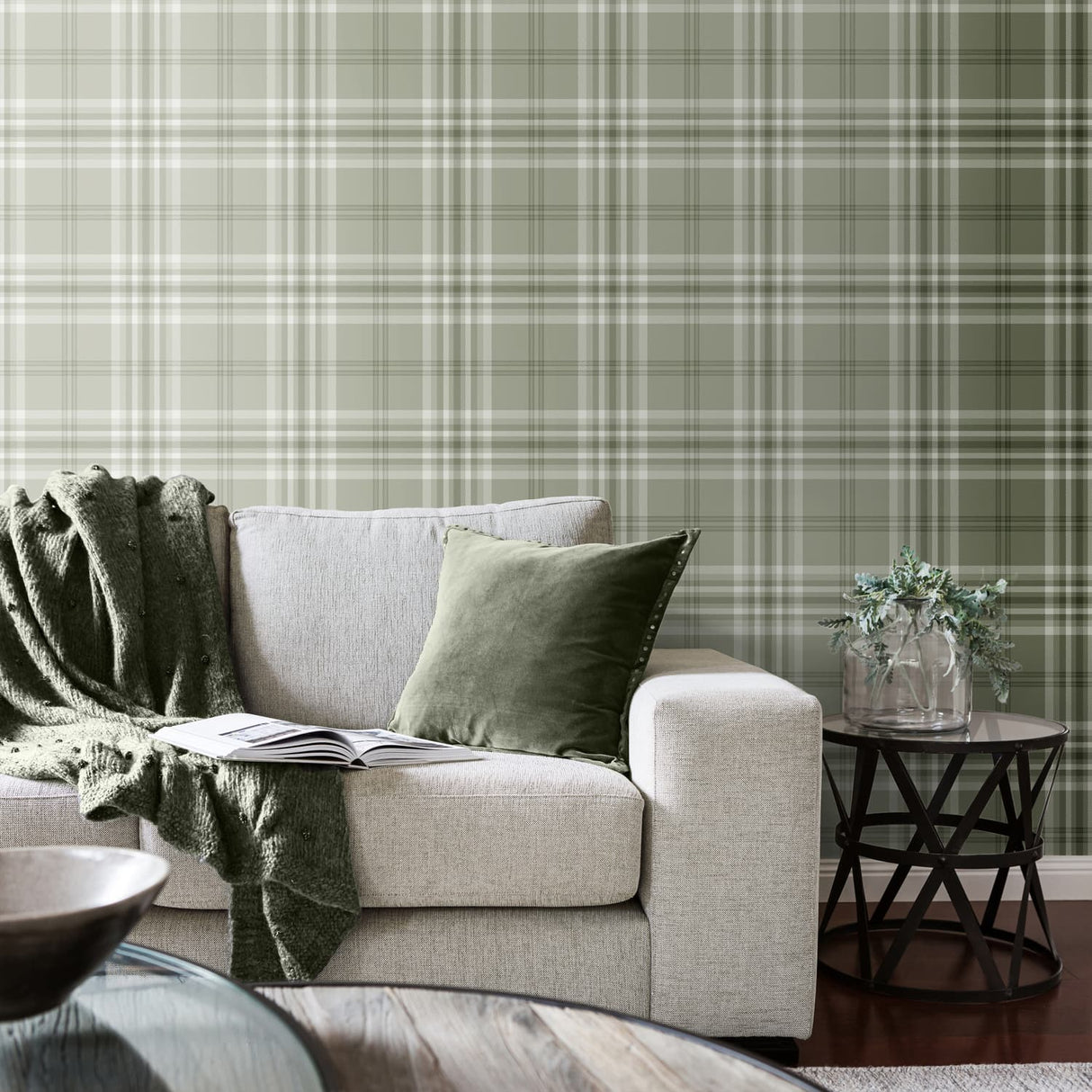 Catherine Lansfield Kelso Check Cream Tartan Wallpaper - Kelso Sage Green Wallpaper