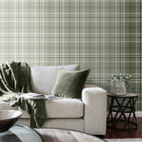 Catherine Lansfield Kelso Check Cream Tartan Wallpaper - Kelso Sage Green Wallpaper