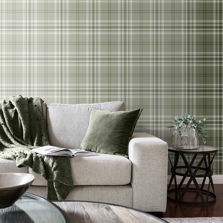 Catherine Lansfield Kelso Check Cream Tartan Wallpaper - Kelso Sage Green Wallpaper
