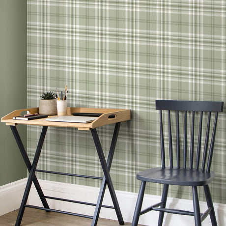 Catherine Lansfield Kelso Check Cream Tartan Wallpaper - Kelso Sage Green Wallpaper
