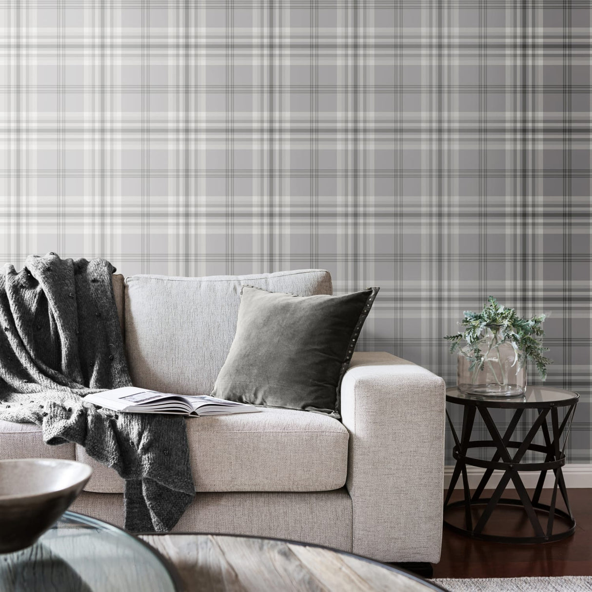 Catherine Lansfield Kelso Check Cream Tartan Wallpaper - Kelso Silver Wallpaper
