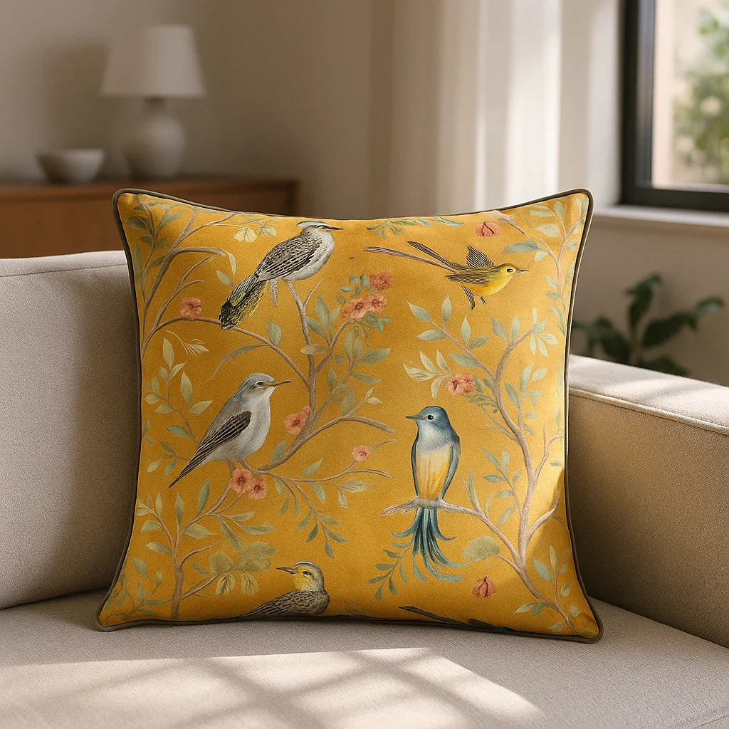 Orient Chinoiserie Birds Velvet Gold Cushion Cover 43cm x 43cm
