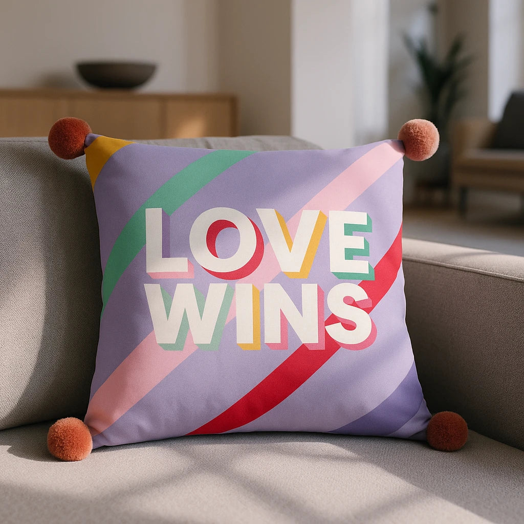 Pom Poms Love Wins Lilac Velvet Cushion Cover 43cm x 43cm