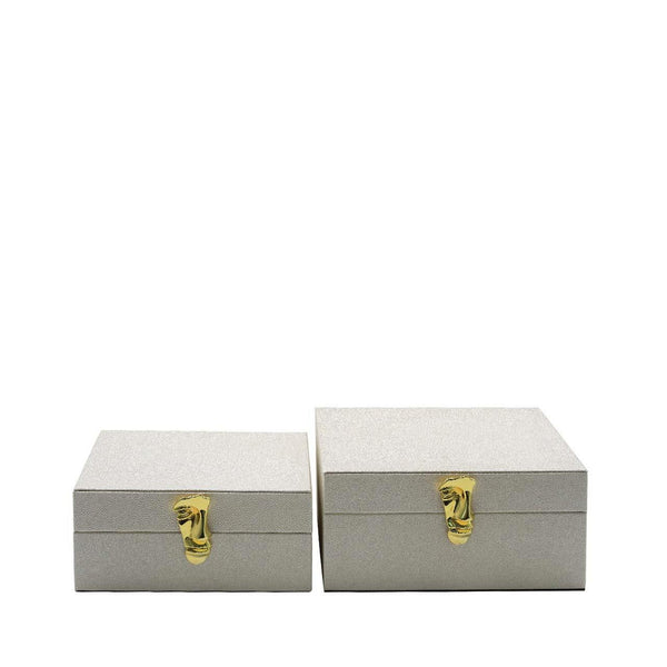 Set of 2 White Faux Litchi Jewellery Boxes with Gold Handle - 12.5cm
