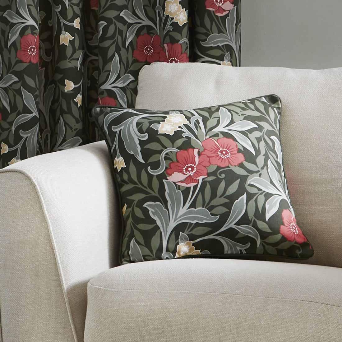 Sandringham Floral Green and Red 100% Cotton Cushion Cover 43cm x 43cm