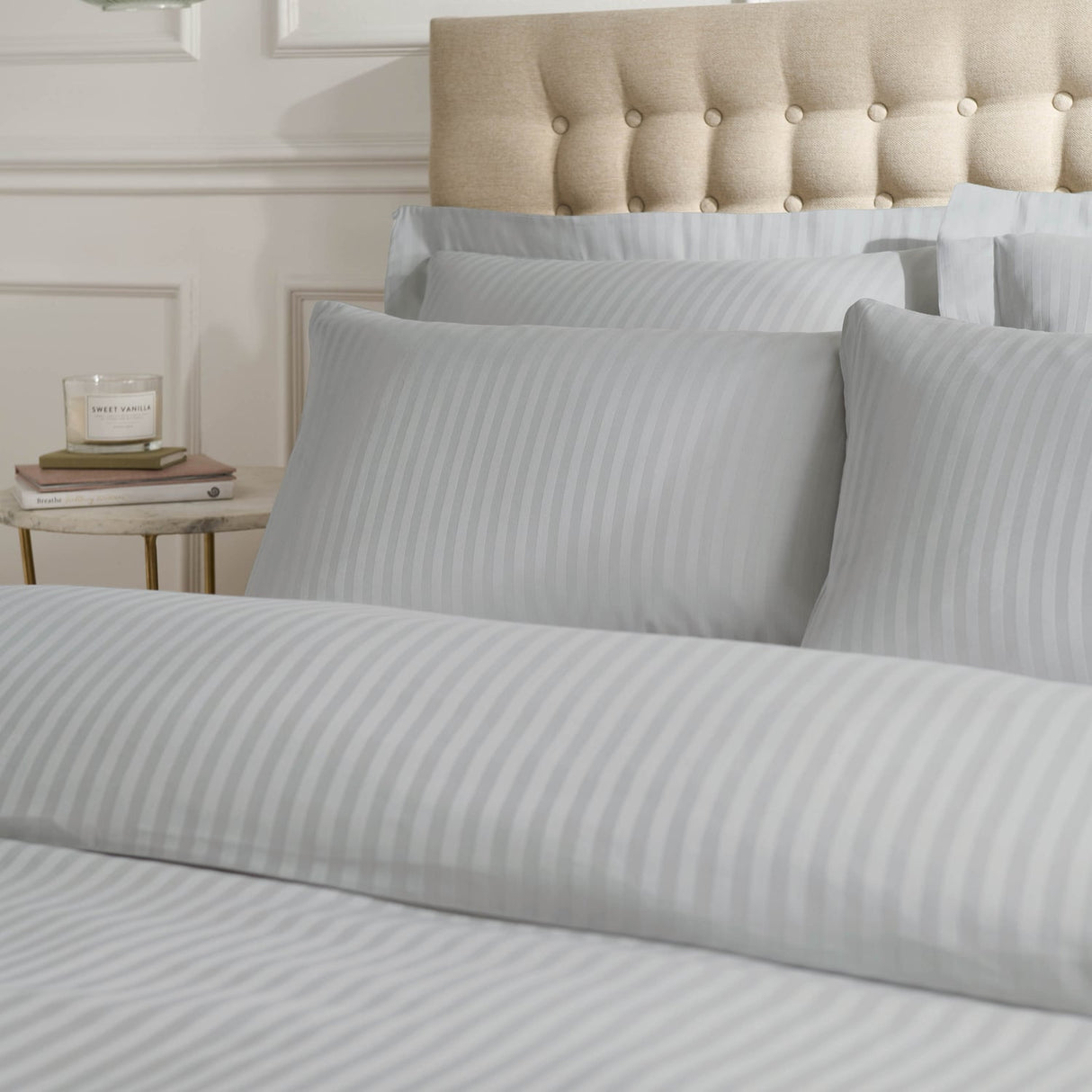 Catherine Lansfield 300 Thread Count Satin Stripe Duvet Cover Set - 300Tc Satin Stripe Duvet Set Grey