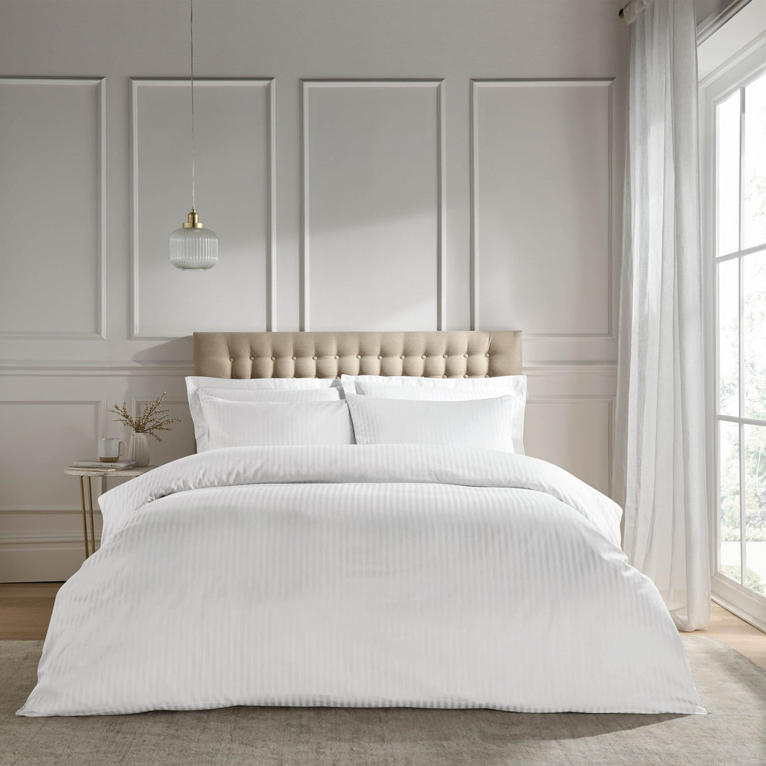 Catherine Lansfield 300 Thread Count Satin Stripe White Duvet Cover Bedding Set