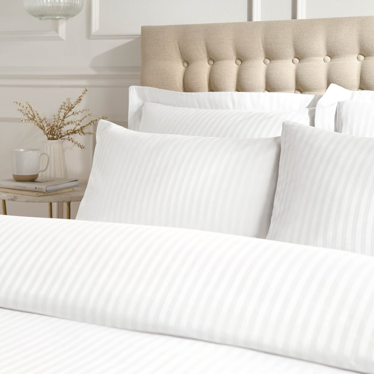 Catherine Lansfield 300 Thread Count Satin Stripe Duvet Cover Set - 300Tc Satin Stripe Duvet Set White