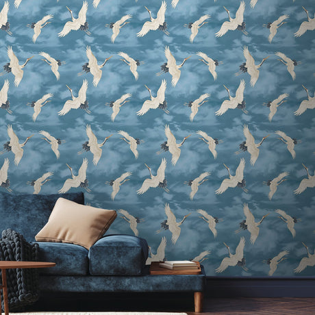 Catherine Lansfield Cranes Blue Wallpaper - Cranes Wallpaper Blue