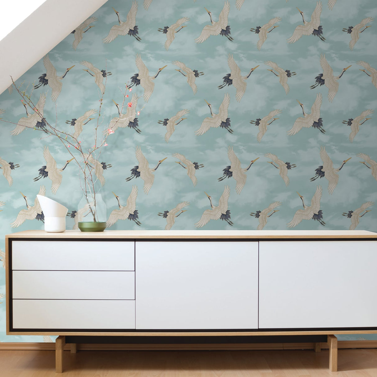 Catherine Lansfield Cranes Blue Wallpaper - Cranes Wallpaper Duck Egg Blue