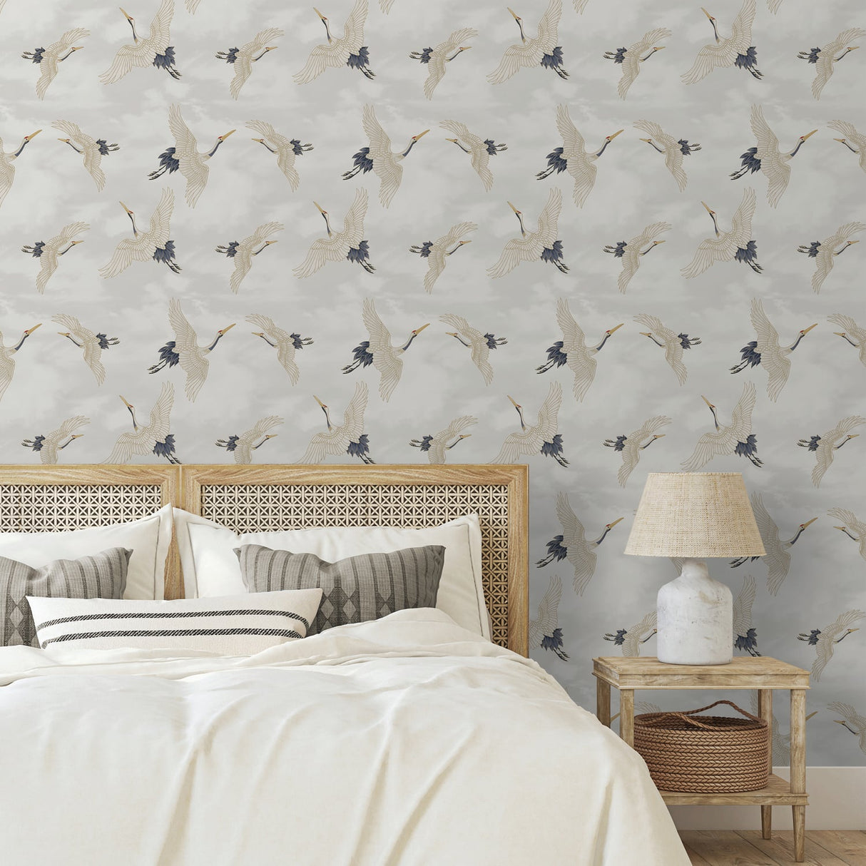 Catherine Lansfield Cranes Blue Wallpaper - Cranes Wallpaper White