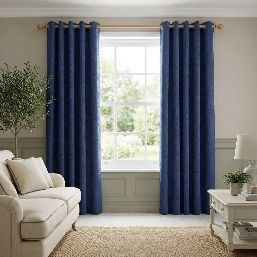 Tivoli Leaf Jacquard Lined Navy Eyelet Curtains