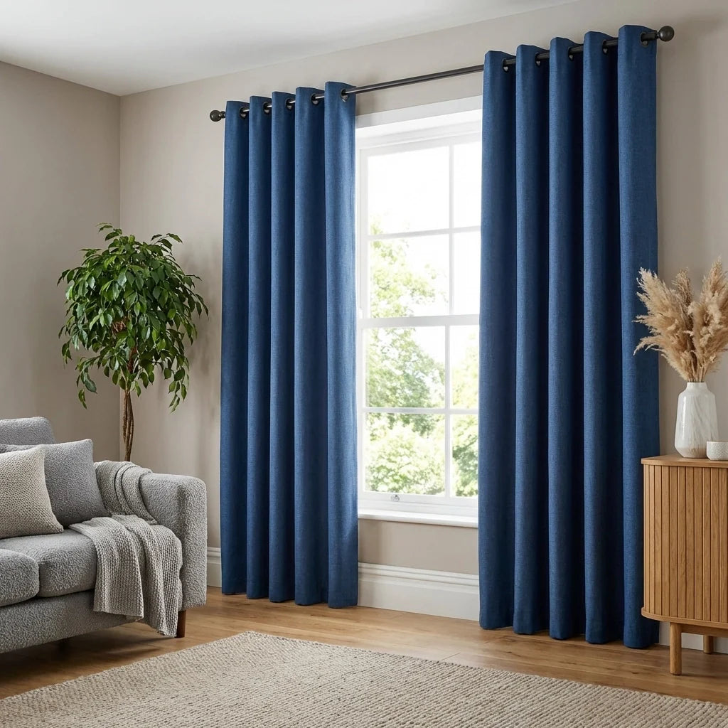 Linen Look Blue Thermal Blackout Eyelet Curtains