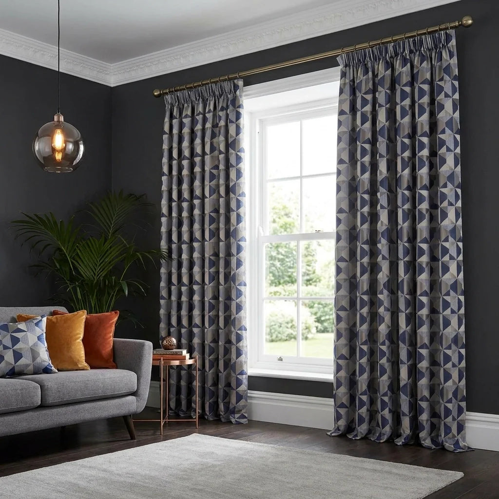 Skandi Geometric Jacquard Lined Navy Tape Top Curtains